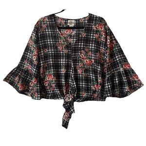 Rods Floral Plaid Tie Front Bell Sleeve Relaxed Crop Blouse M‎ Boho Chic Cottage